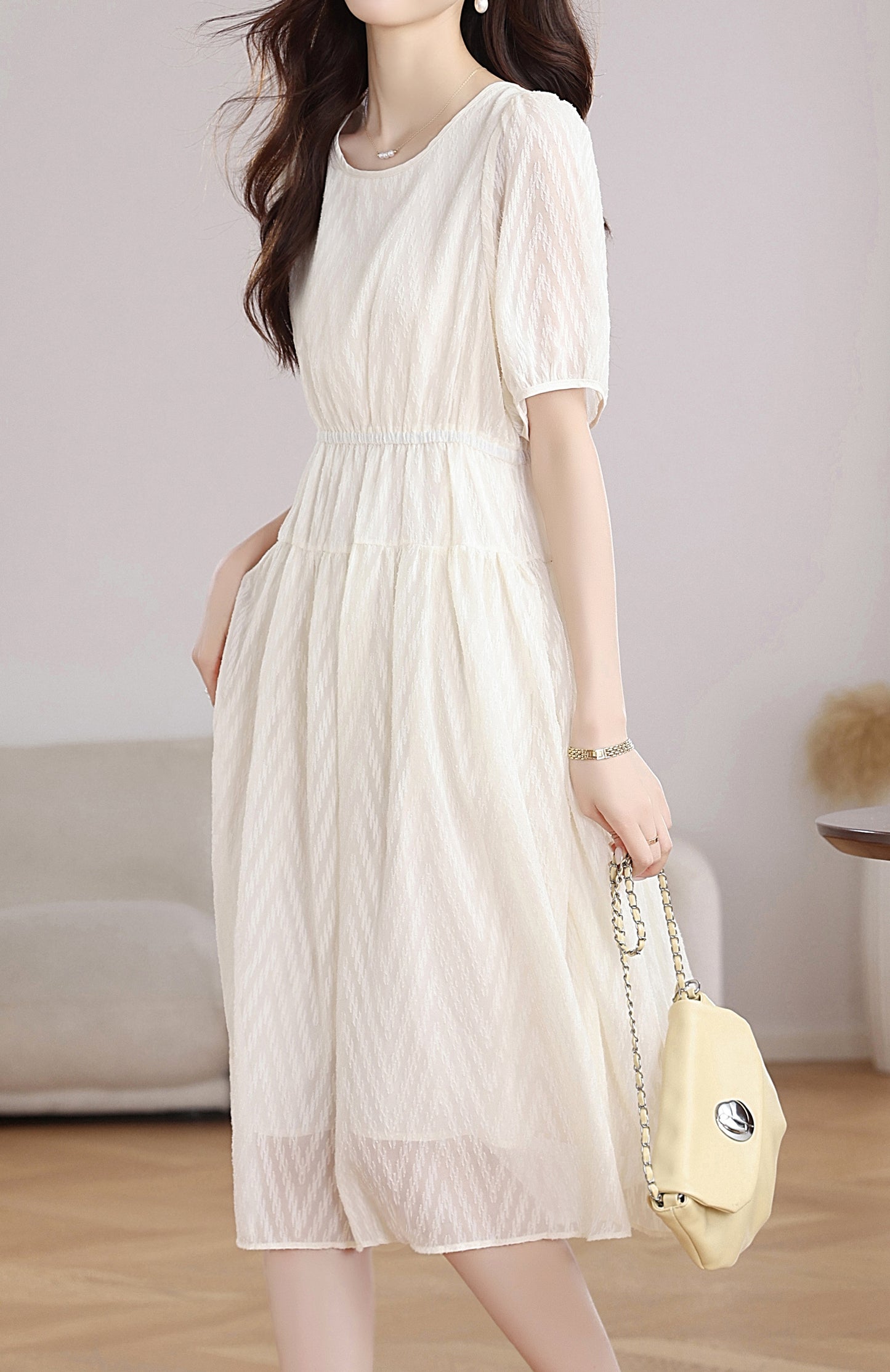 Ivory Textured Chiffon Midi Dress with Elastic Waist