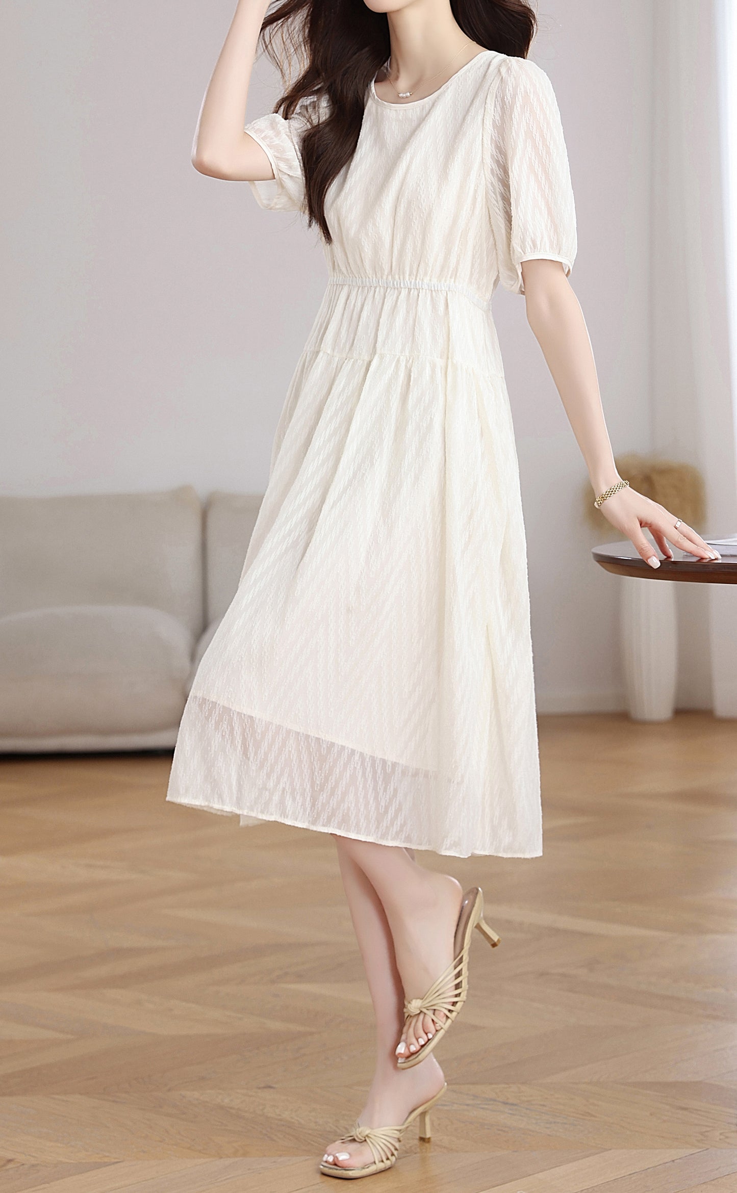 Ivory Textured Chiffon Midi Dress with Elastic Waist