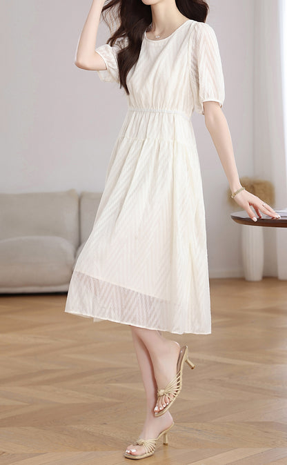 Ivory Textured Chiffon Midi Dress with Elastic Waist