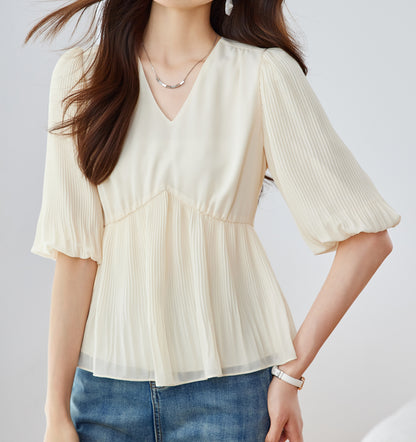 Lightweight Pleated V-Neck Blouse