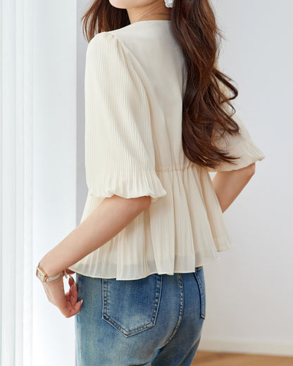 Lightweight Pleated V-Neck Blouse