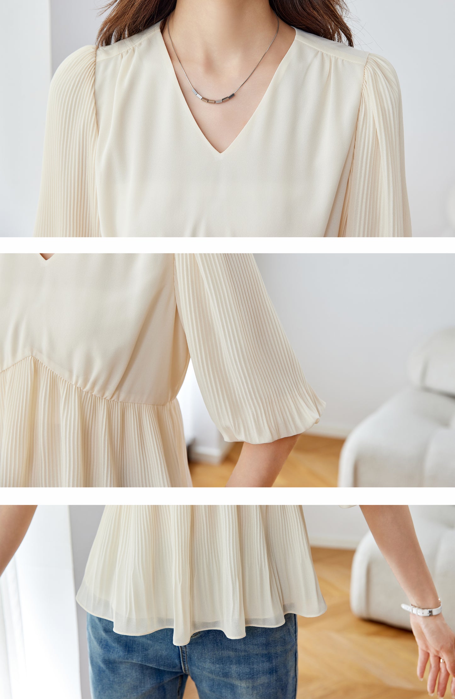 Lightweight Pleated V-Neck Blouse