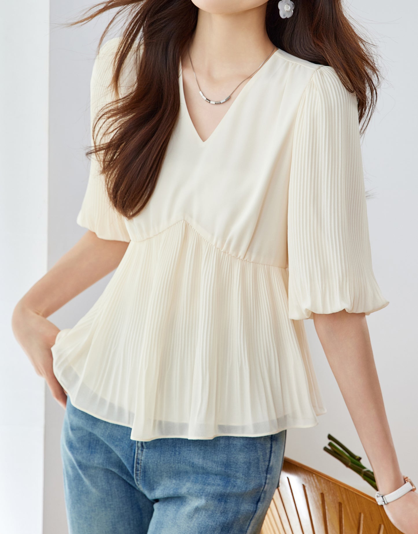 Lightweight Pleated V-Neck Blouse