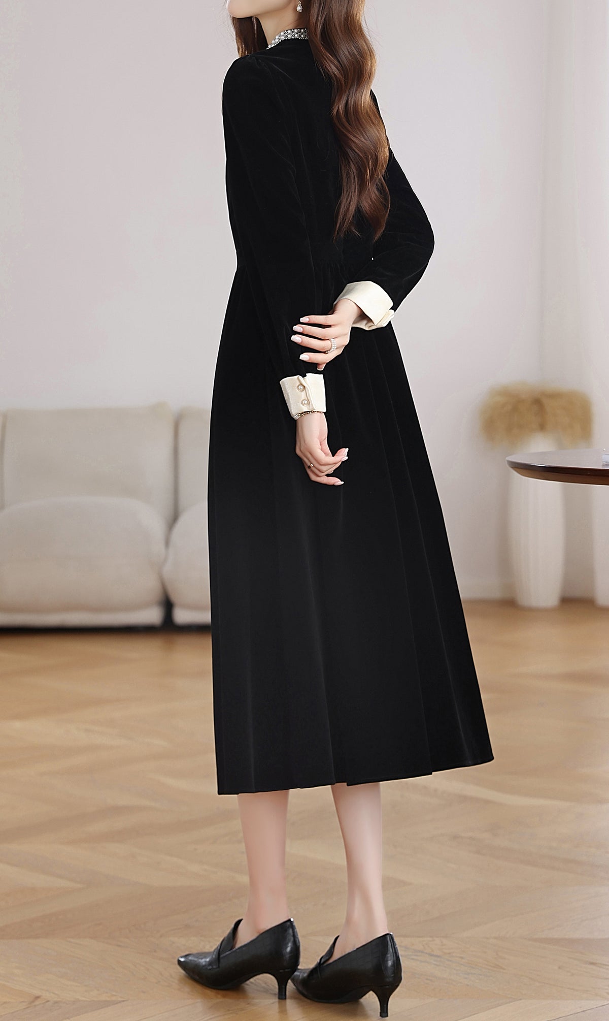 28698 Black Velvet Pearl Collar Dress – A Statement in Color