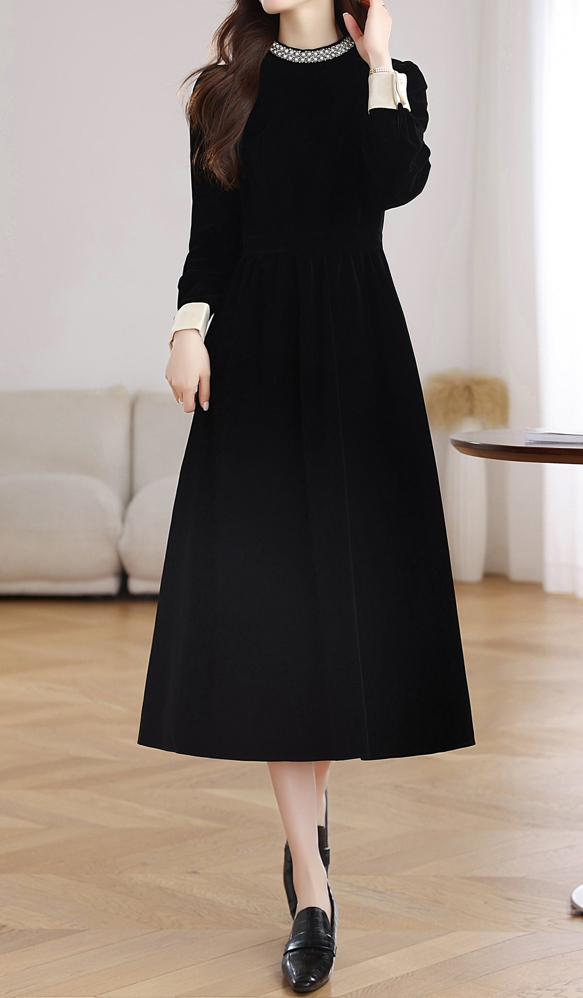 28698 Black Velvet Pearl Collar Dress – A Statement in Color