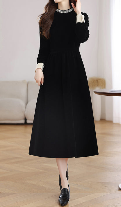 28698 Black Velvet Pearl Collar Dress – A Statement in Color