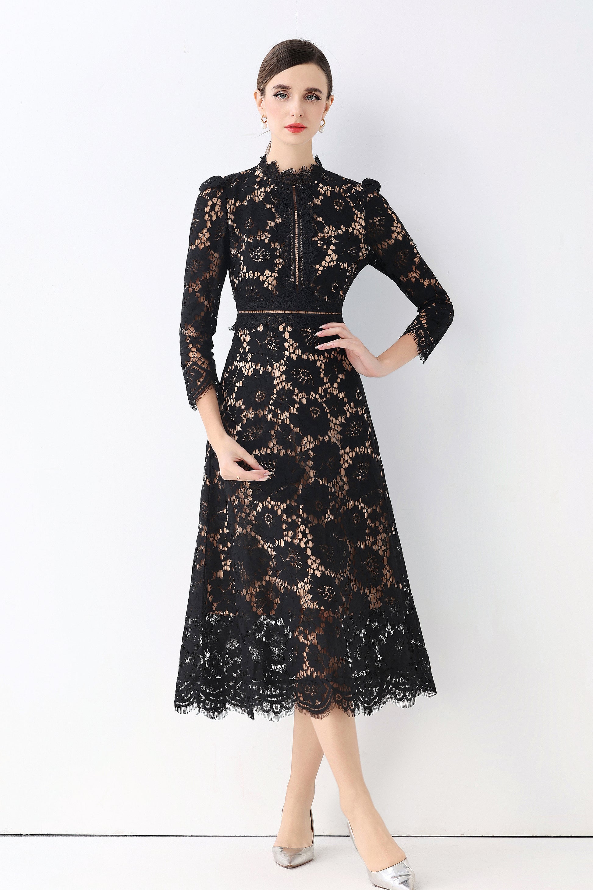 Women's 3/4 Sleeve Lace Overlay Midi Dress - LAI MENG FIVE CATS