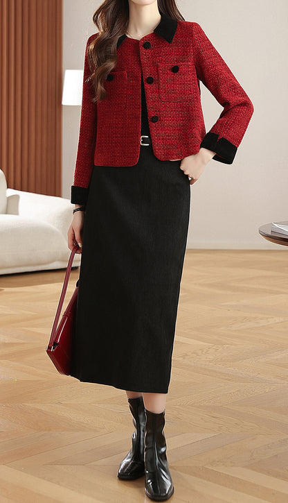 28692-Velvet Trim Tweed Jacket — Paris Café & London Autumn Style