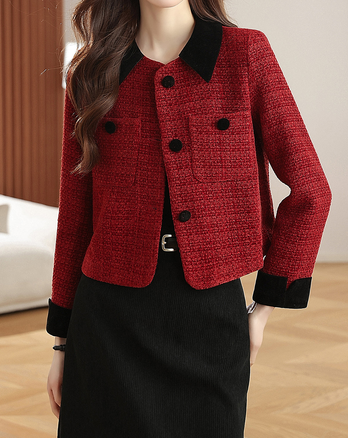 28692-Velvet Trim Tweed Jacket — Paris Café & London Autumn Style