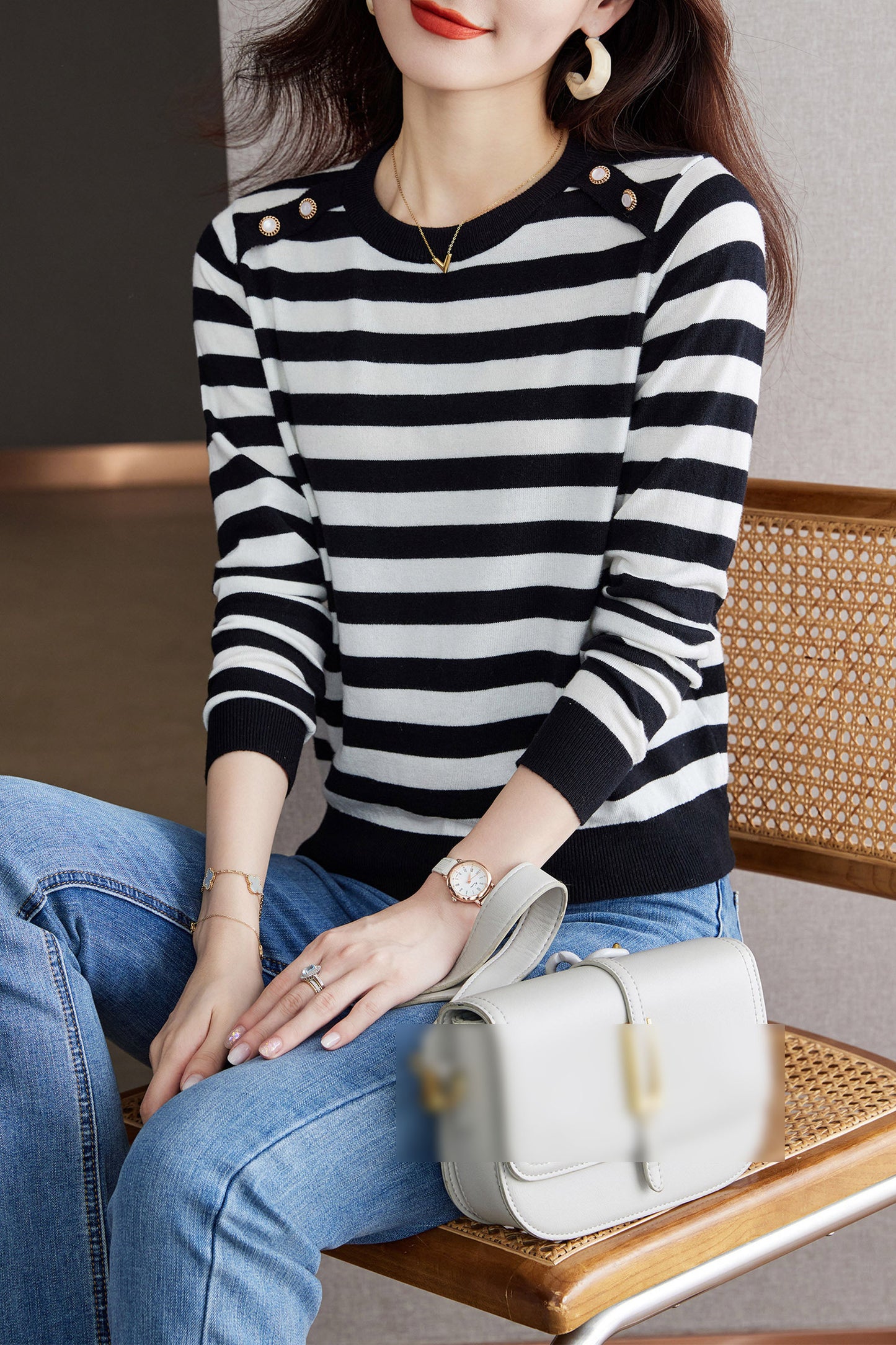 Women's Lightweight Sweater Long Sleeve Striped Knit Pullover Tops