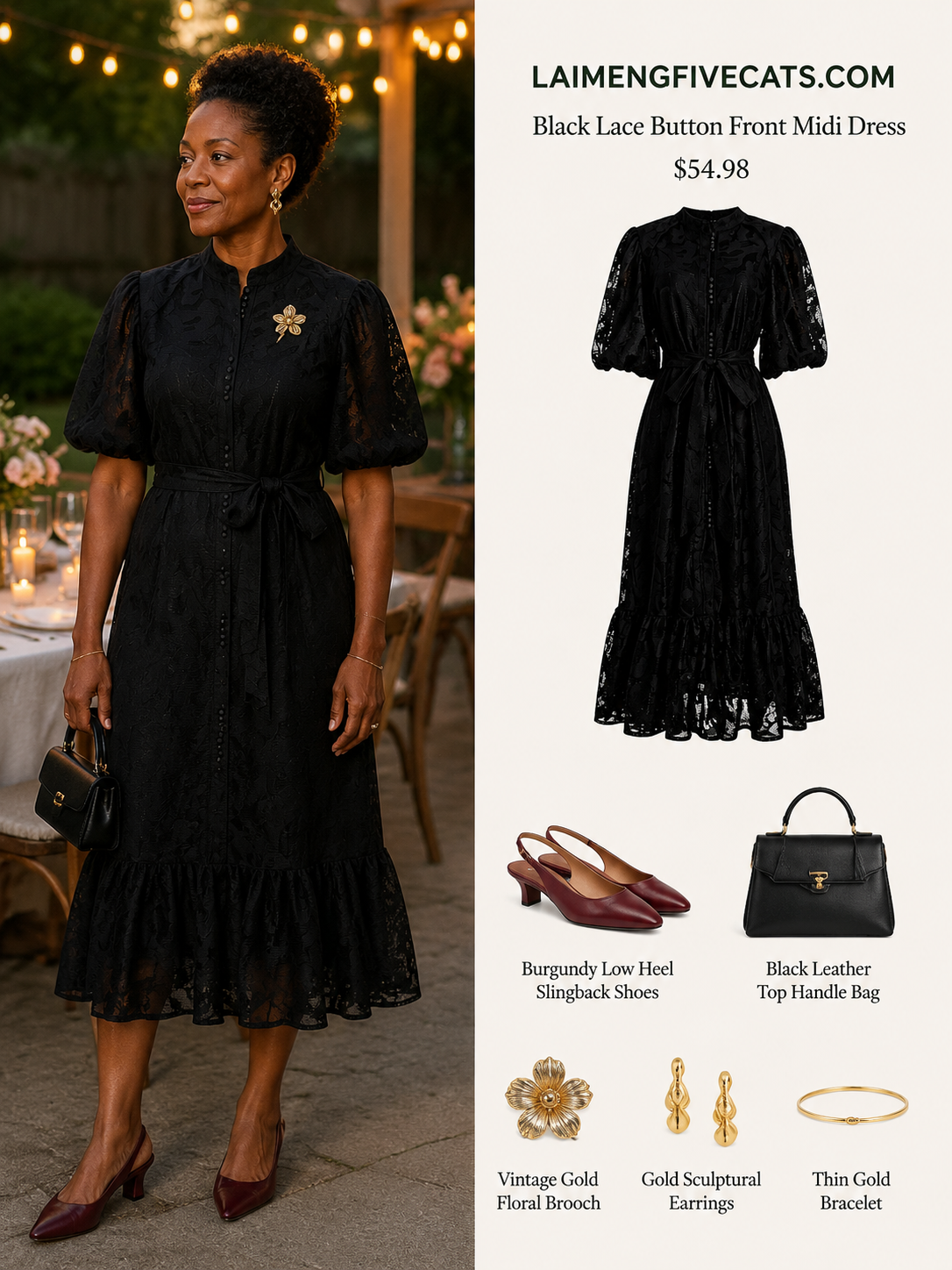 Black Lace Button Front Midi Dress | Elegant Evening Dress