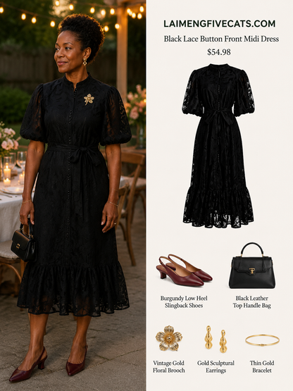 Black Lace Button Front Midi Dress | Elegant Evening Dress