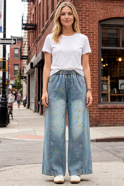 Women’s Wide-Leg Denim Pants – Elastic Waist, Paint Splatter Print, Casual Loose Fit Jeans - LAI MENG FIVE CATS