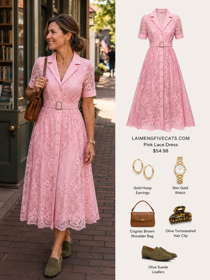 V Neack Lace Midi Dress with Belt