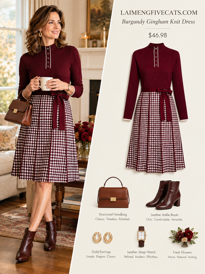 25133 Elegant 2-in-1 Knit Dress: Turtleneck, Faux Button Detail & Plaid Pleated Dress