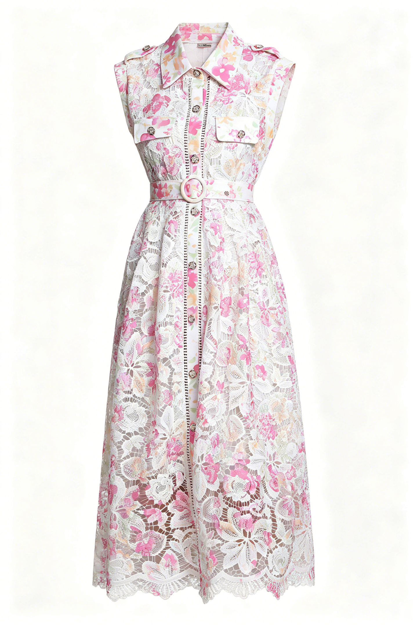 Blush Pink Floral Lace Midi Dress with Belt – Elegant Garden Wedding Guest Dress