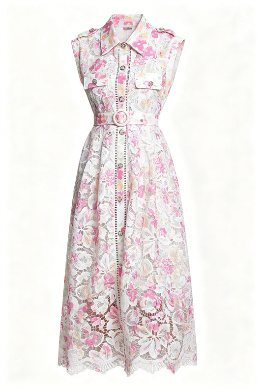 Blush Pink Floral Lace Midi Dress with Belt – Elegant Garden Wedding Guest Dress