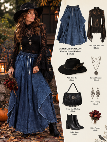 Wide-Leg Frayed Denim Skirt Pants