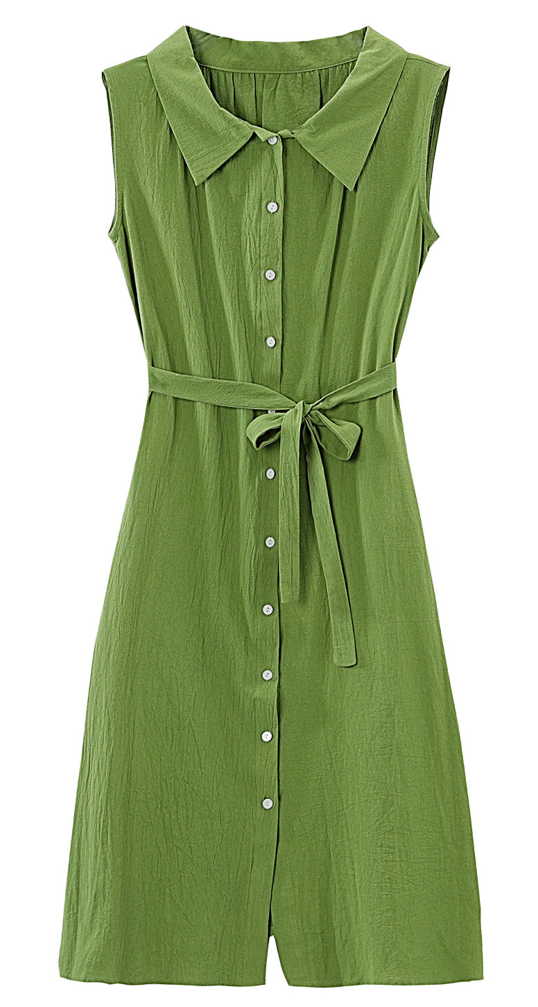Green Sleeveless Button Front Belted Midi Dress with Pockets