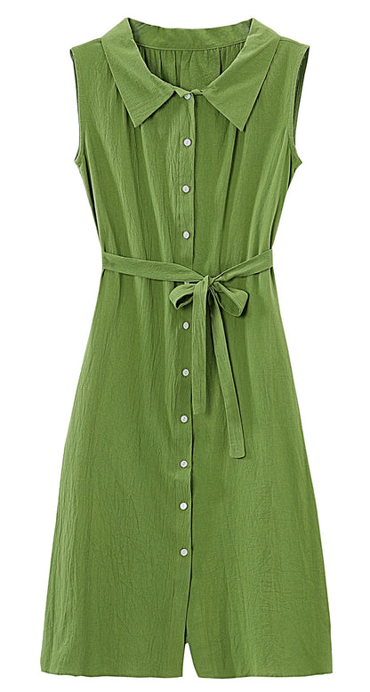Green Sleeveless Button Front Belted Midi Dress with Pockets