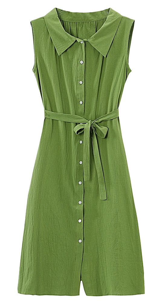Green Sleeveless Button Front Belted Midi Dress with Pockets