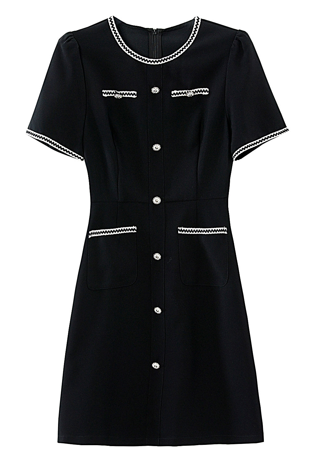 Black Contrast Trim Button Front Mini Dress with Pockets
