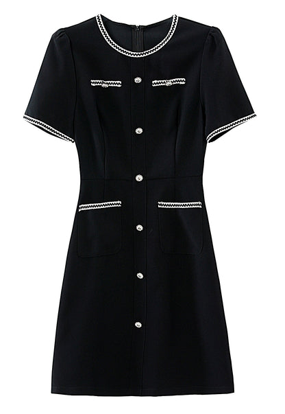 Black Contrast Trim Button Front Mini Dress with Pockets