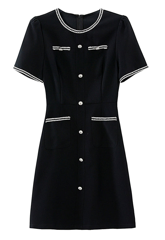 Black Contrast Trim Button Front Mini Dress with Pockets
