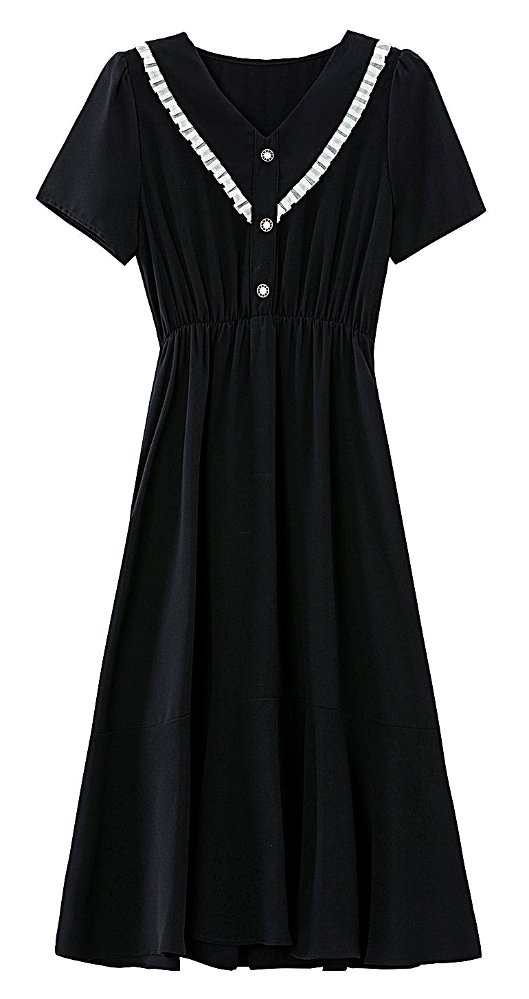 Black Chiffon V-Neck Midi Dress with Pockets