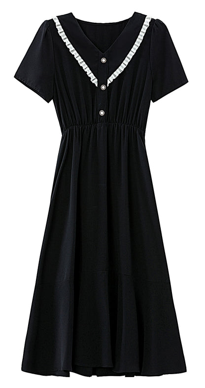 Black Chiffon V-Neck Midi Dress with Pockets