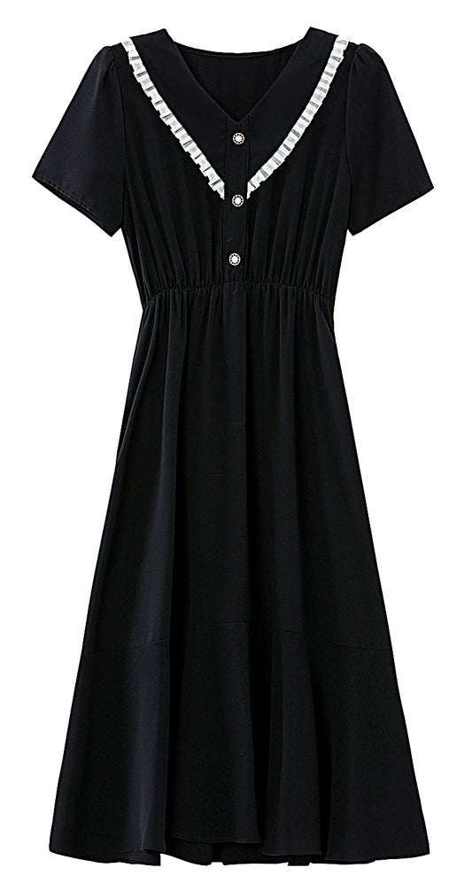 Black Chiffon V-Neck Midi Dress with Pockets