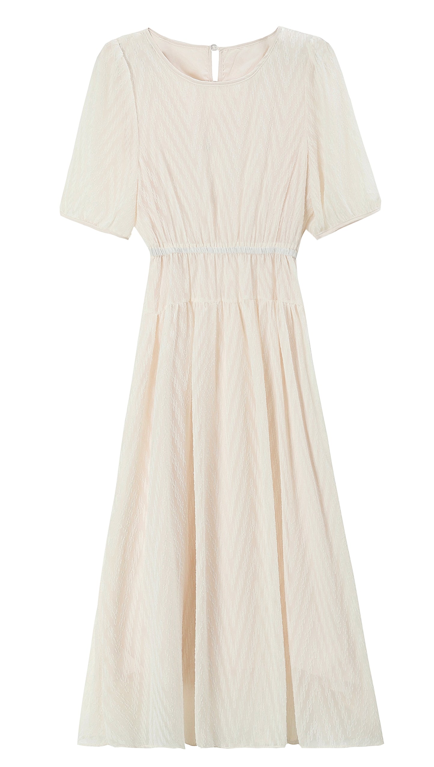 Ivory Textured Chiffon Midi Dress with Elastic Waist