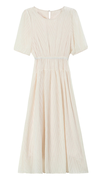 Ivory Textured Chiffon Midi Dress with Elastic Waist