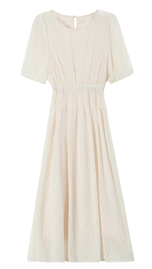 Ivory Textured Chiffon Midi Dress with Elastic Waist