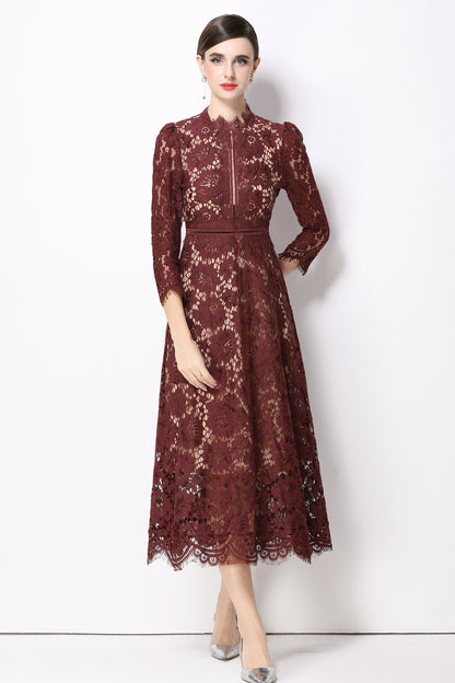 Women's 3/4 Sleeve Lace Overlay Midi Dress - LAI MENG FIVE CATS