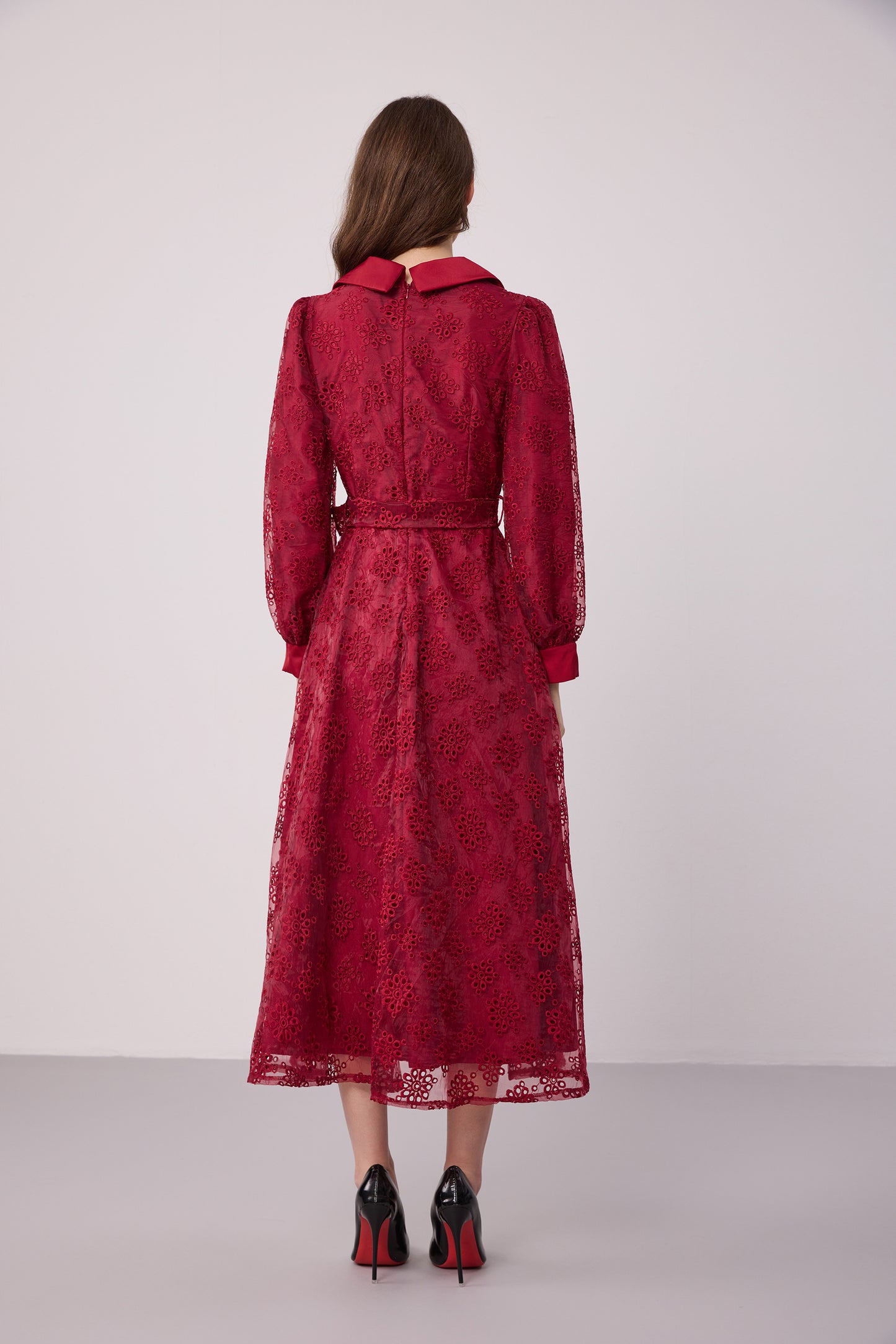Elegant Embroidered Mesh Double Button Midi Dress