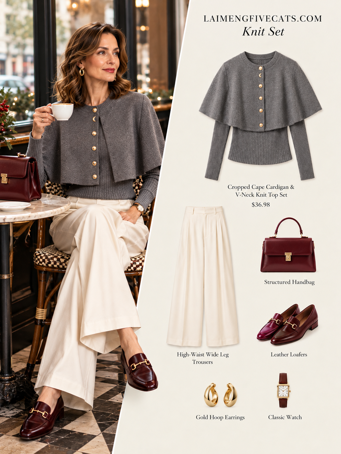 27818 Elegant Cropped Knit Cape Cardigan Set | 5 Colors