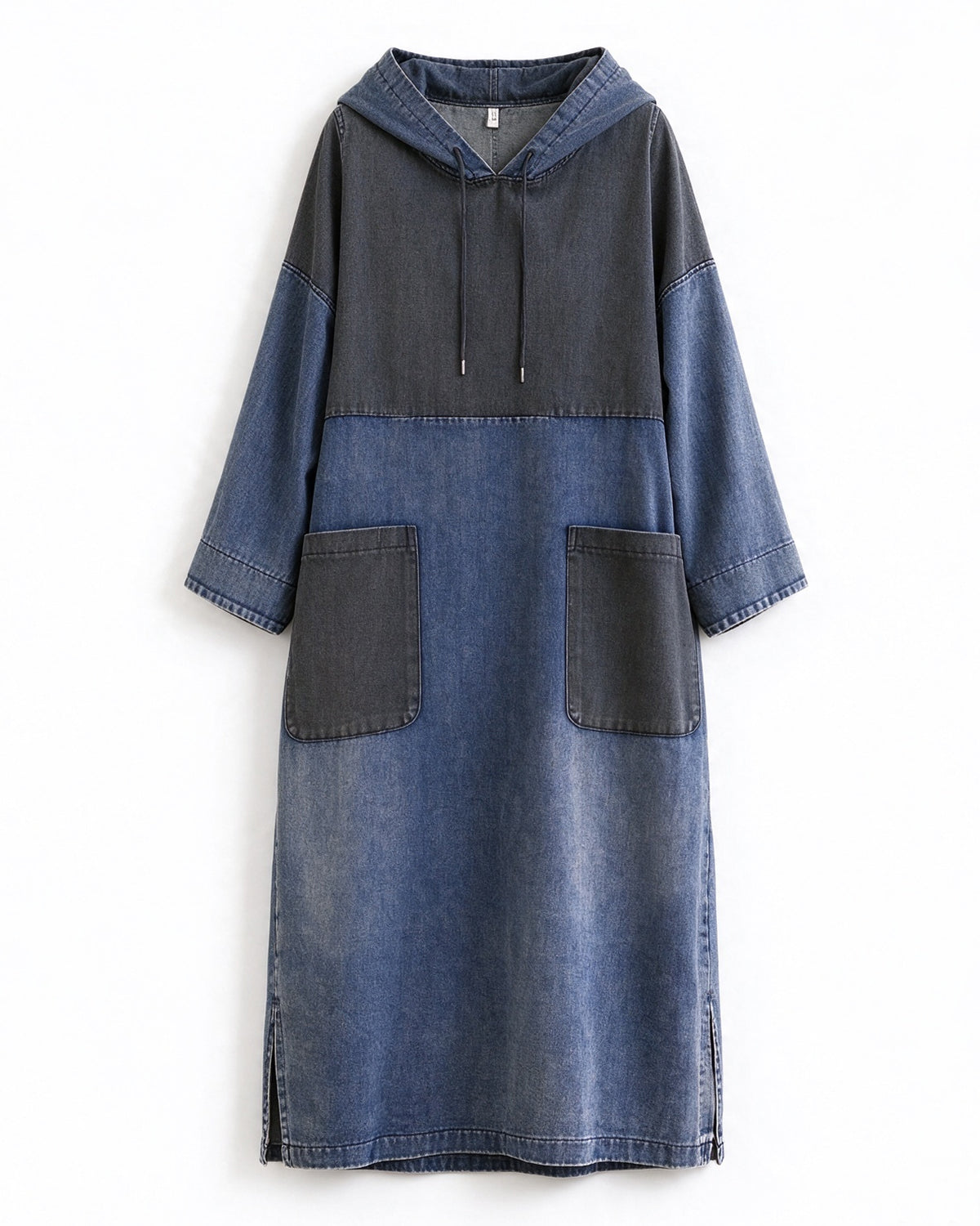27991 Colorblock Denim Hooded Midi Dress With Pockets