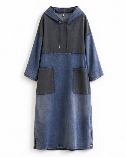 27991 Colorblock Denim Hooded Midi Dress With Pockets