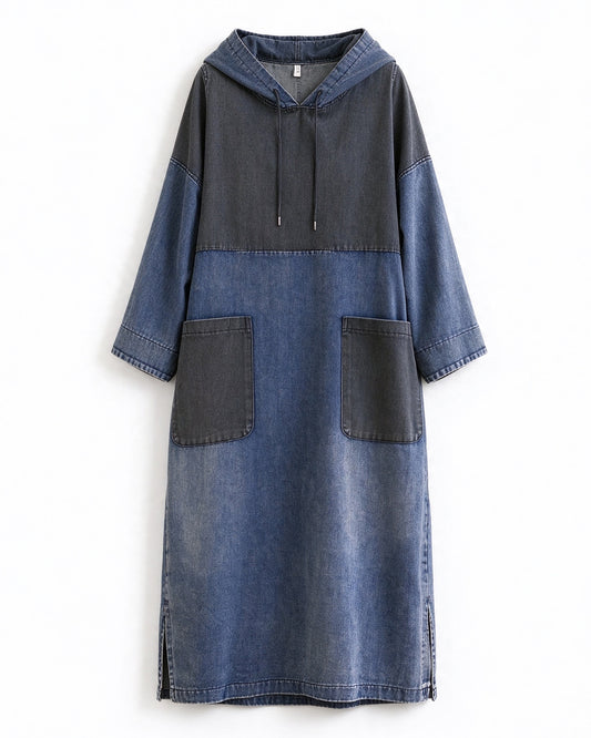 27991 Colorblock Denim Hooded Midi Dress With Pockets