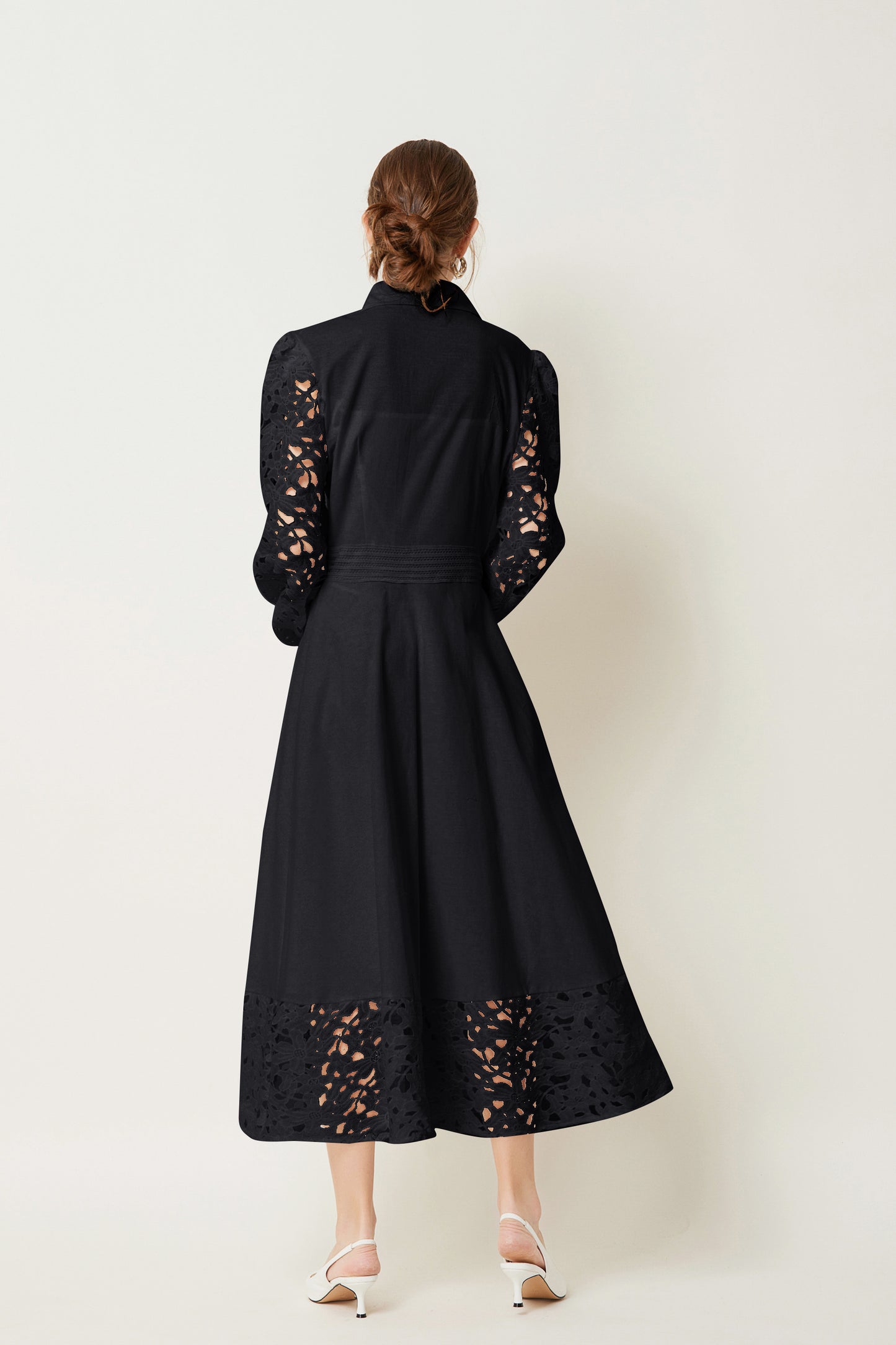 Lapel Long Sleeves Lace Buttons Maxi Dress