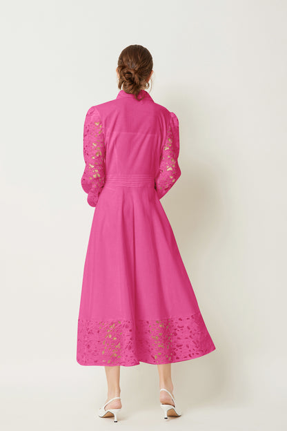 Lapel Long Sleeves Lace Buttons Maxi Dress