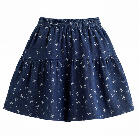 Floral Denim Skort Shorts – Elastic Waist & Pockets