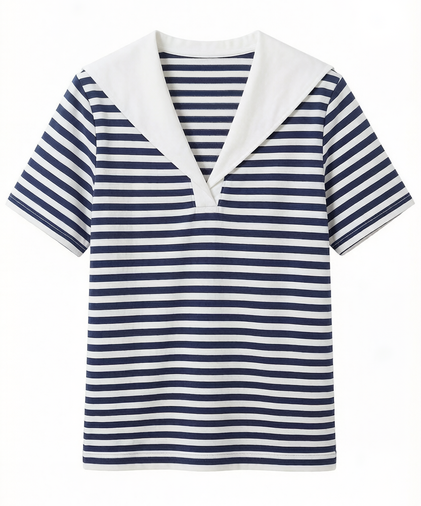 Striped Sailor Collar Tee – Navy & White