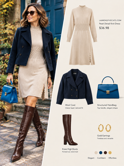 28711 Mock Neck Knit Dress With Pearl Slit Detail - LAI MENG FIVE CATS