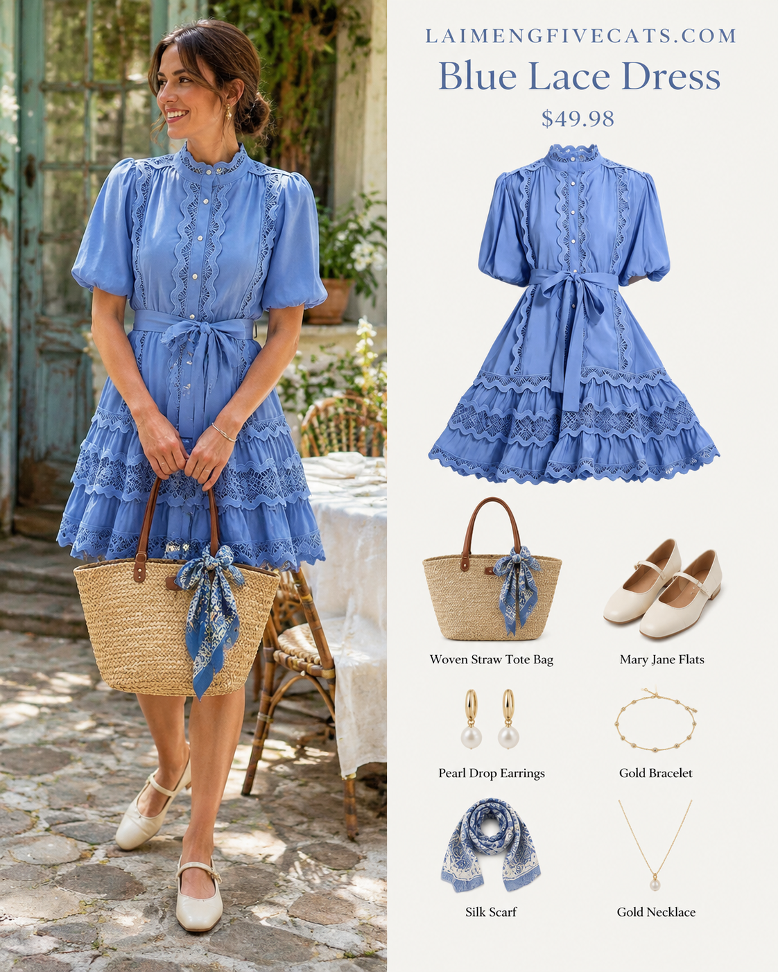 Women’s Blue Lace Trim Mini Dress – Romantic European Summer Resort Style - LAI MENG FIVE CATS