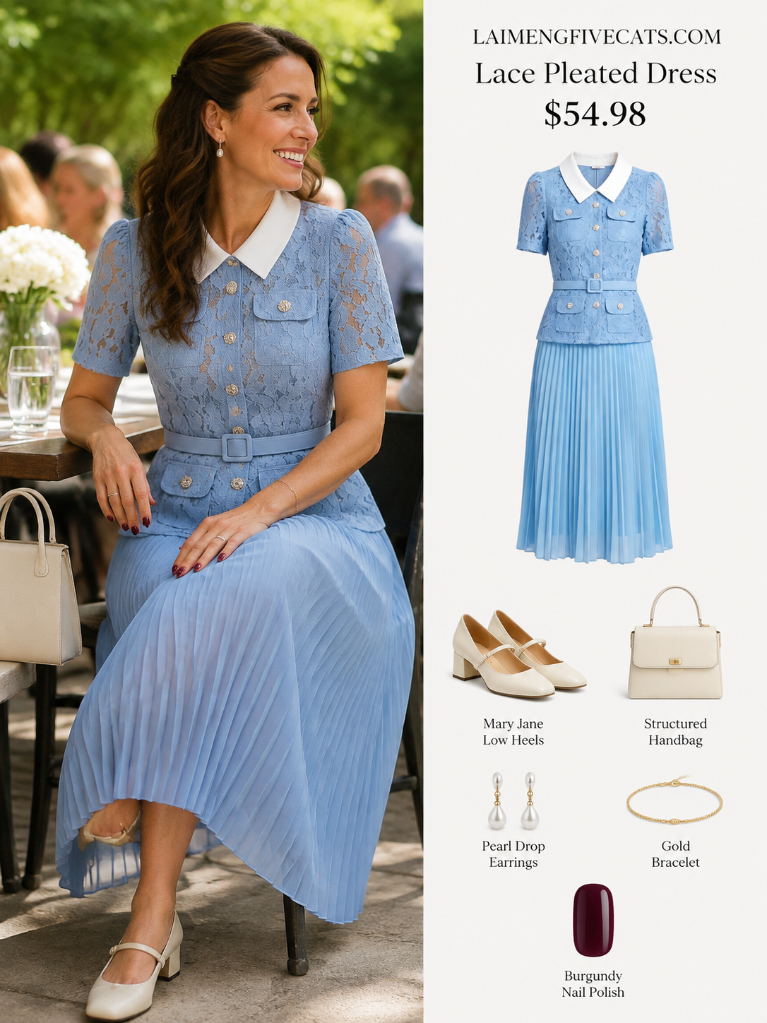 Lace Collar Pleated Midi Dress With Belts