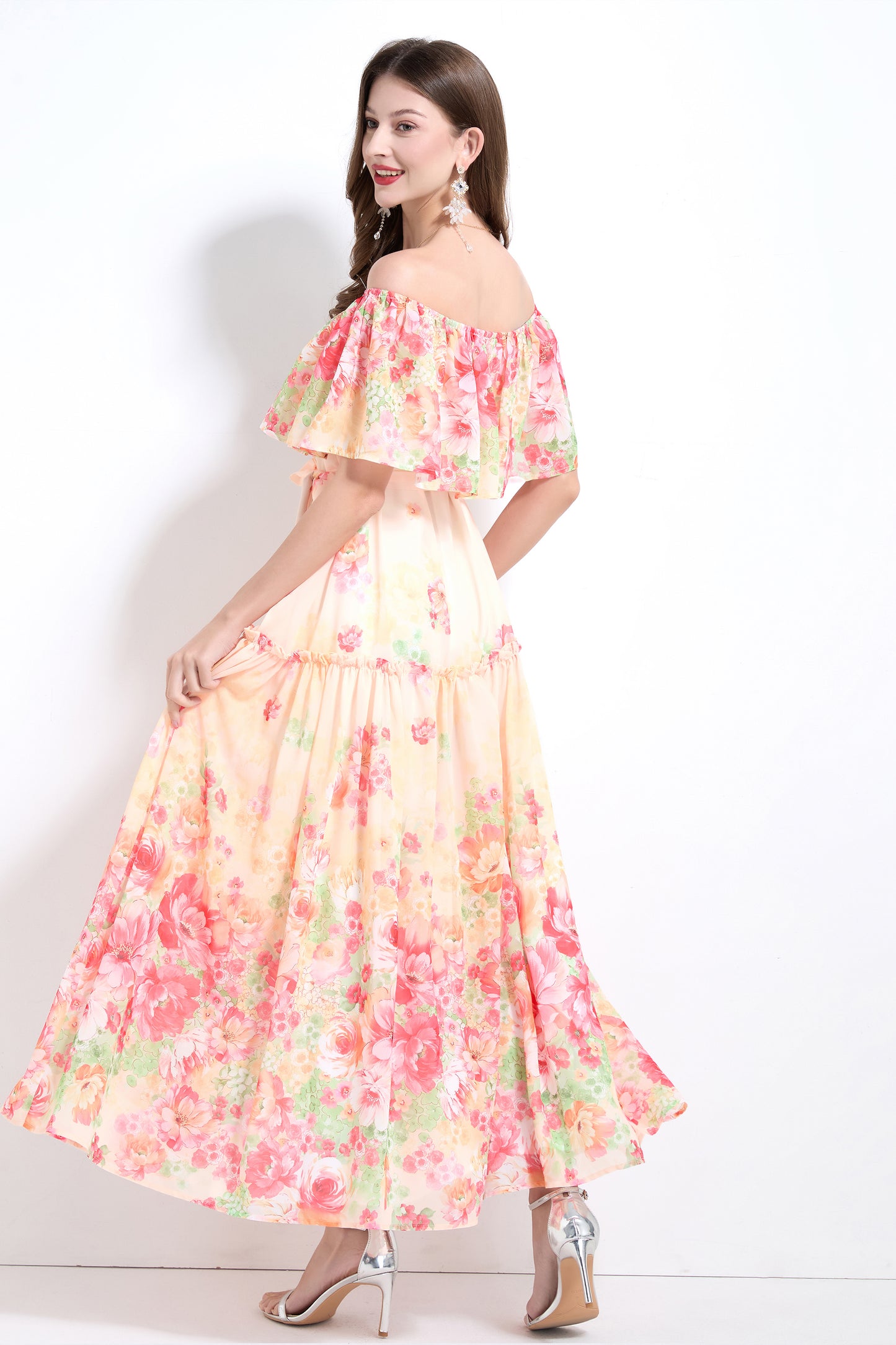 Off The Shoulder Floral Flowy Tied Maxi Dress