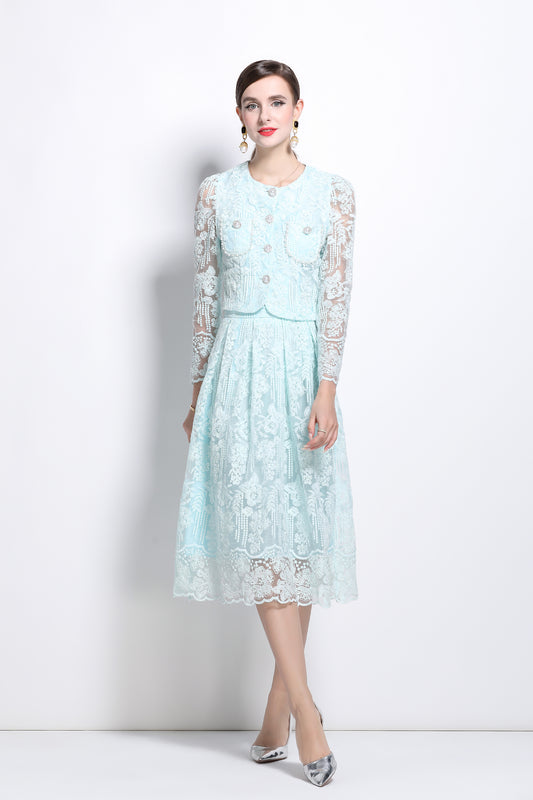 2 Pieces Chiffon Lace Button Midi Dress