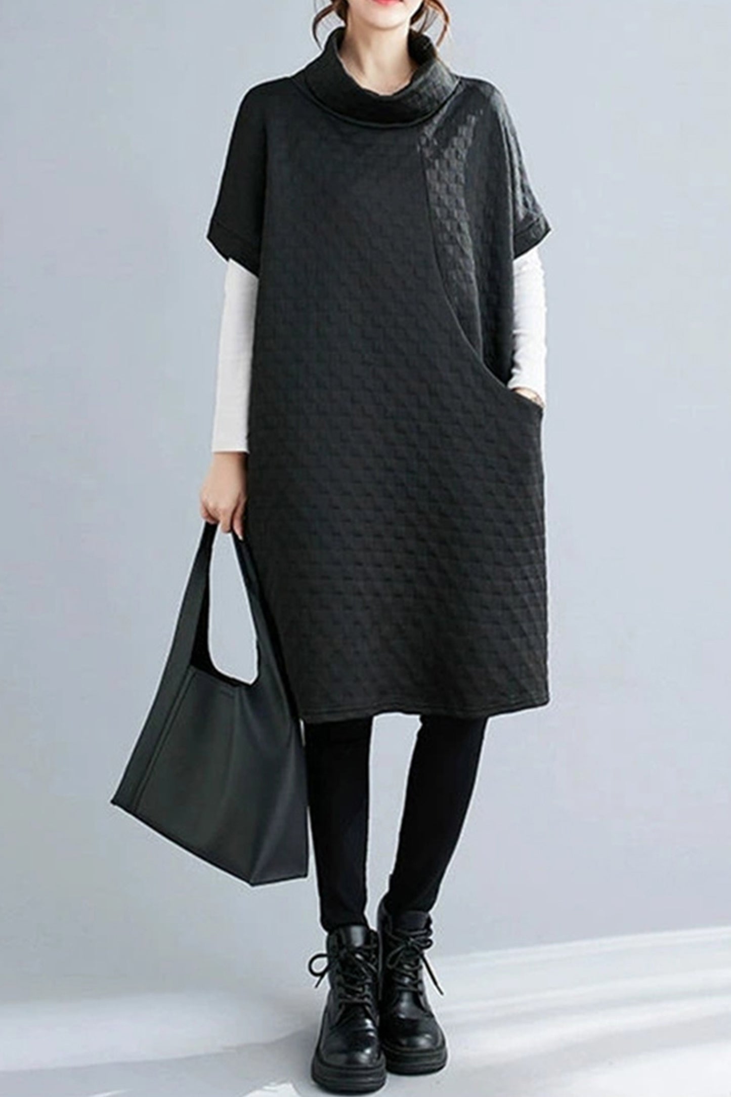 High Collar Loose Pullover Dress with Pocket